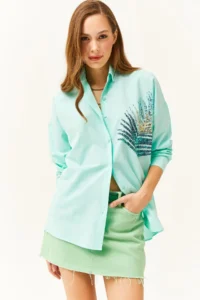 Olalook Women's Water Green Palm Sequin Detailed Oversize Woven Poplin Shirt - Image 4