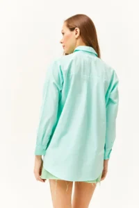 Olalook Women's Water Green Palm Sequin Detailed Oversize Woven Poplin Shirt - Image 5