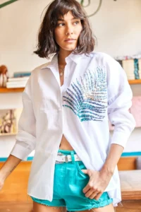 Olalook Women's White Palm Sequin Detailed Oversize Woven Poplin Shirt - Image 3