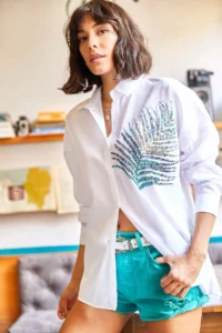 Olalook Women's White Palm Sequin Detailed Oversize Woven Poplin Shirt - Image 4