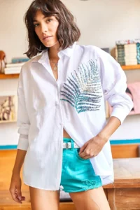 Olalook Women's White Palm Sequin Detailed Oversize Woven Poplin Shirt - Image 5