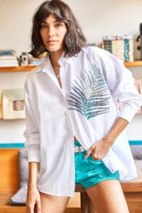 Olalook Women's White Palm Sequin Detailed Oversize Woven Poplin Shirt - Image 6