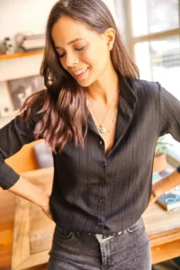 Olalook Women's Black Jacquard Textured Woven Shirt - Image 3