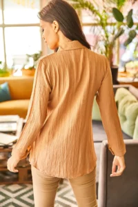 Olalook Women's Camel Jacquard Textured Woven Shirt - Image 2
