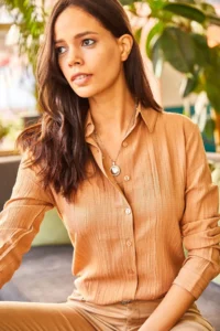 Olalook Women's Camel Jacquard Textured Woven Shirt - Image 3