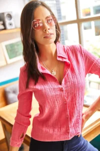 Olalook Women's Fuchsia Jacquard Textured Woven Shirt
