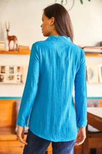 Olalook Women's Sky Blue Jacquard Textured Woven Shirt - Image 2