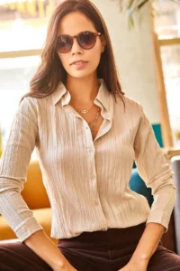 Olalook Women's Stone Jacquard Textured Woven Shirt - Image 4