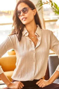 Olalook Women's Stone Jacquard Textured Woven Shirt - Image 5