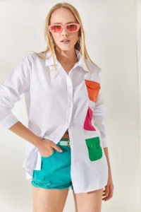 Olalook Women's White Fuchsia Colored Oversize Woven Shirt with Pocket Detail - Image 2