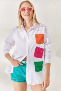 Olalook Women's White Fuchsia Colored Oversize Woven Shirt with Pocket Detail - Image 3