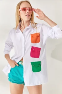 Olalook Women's White Fuchsia Colored Oversize Woven Shirt with Pocket Detail - Image 4