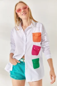 Olalook Women's White Fuchsia Colored Oversize Woven Shirt with Pocket Detail - Image 5