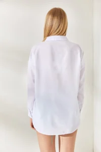 Olalook Women's White Fuchsia Colored Oversize Woven Shirt with Pocket Detail - Image 6
