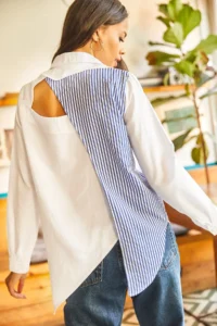Olalook Women's Blue White Back Cut Out Detailed Sambre Oversize Shirt