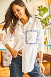 Olalook Women's Blue White Back Cut Out Detailed Sambre Oversize Shirt - Image 2