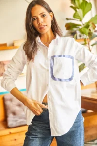 Olalook Women's Blue White Back Cut Out Detailed Sambre Oversize Shirt - Image 3