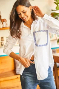 Olalook Women's Blue White Back Cut Out Detailed Sambre Oversize Shirt - Image 4