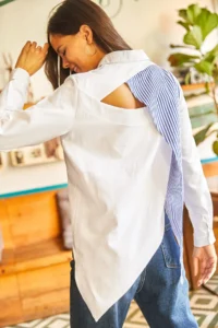 Olalook Women's Blue White Back Cut Out Detailed Sambre Oversize Shirt - Image 5