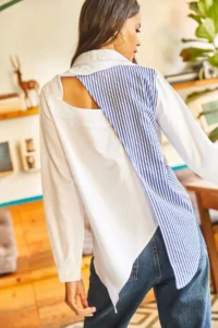 Olalook Women's Blue White Back Cut Out Detailed Sambre Oversize Shirt - Image 6