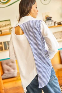 Olalook Women's Blue White Back Cut Out Detailed Sambre Oversize Shirt - Image 7