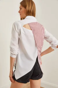 Olalook Women's Claret Red and White Back Cut Out Detailed Sambre Oversize Shirt