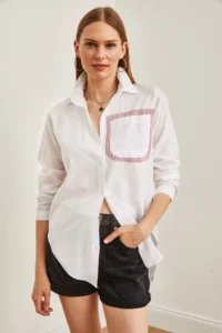 Olalook Women's Claret Red and White Back Cut Out Detailed Sambre Oversize Shirt - Image 2