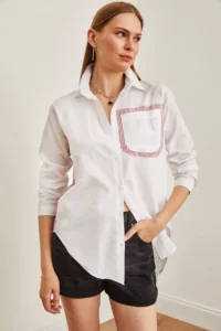 Olalook Women's Claret Red and White Back Cut Out Detailed Sambre Oversize Shirt - Image 3