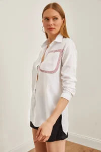 Olalook Women's Claret Red and White Back Cut Out Detailed Sambre Oversize Shirt - Image 4