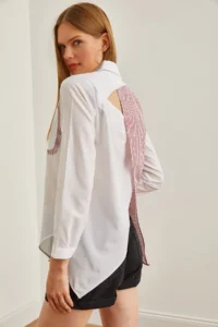Olalook Women's Claret Red and White Back Cut Out Detailed Sambre Oversize Shirt - Image 5