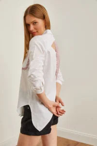 Olalook Women's Claret Red and White Back Cut Out Detailed Sambre Oversize Shirt - Image 6