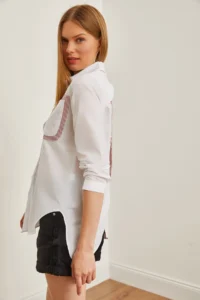 Olalook Women's Claret Red and White Back Cut Out Detailed Sambre Oversize Shirt - Image 7