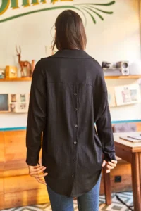 Olalook Women's Black Buttoned Long Back Textured Oversize Shirt - Image 2