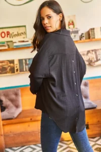 Olalook Women's Black Buttoned Long Back Textured Oversize Shirt - Image 3