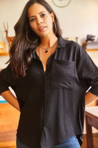 Olalook Women's Black Buttoned Long Back Textured Oversize Shirt - Image 5