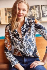 Olalook Women's White Navy Blue Patch Patterned Woven Viscose Shirt