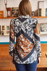 Olalook Women's White Navy Blue Patch Patterned Woven Viscose Shirt - Image 2