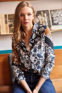 Olalook Women's White Navy Blue Patch Patterned Woven Viscose Shirt - Image 3