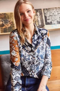 Olalook Women's White Navy Blue Patch Patterned Woven Viscose Shirt - Image 5