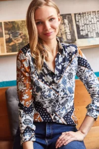 Olalook Women's White Navy Blue Patch Patterned Woven Viscose Shirt - Image 6