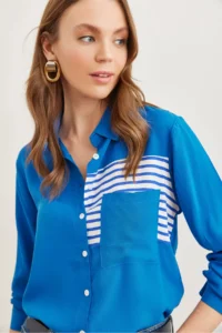 Olalook Women's Saks Blue Pocket Detailed Woven Viscose Shirt