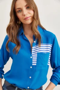 Olalook Women's Saks Blue Pocket Detailed Woven Viscose Shirt - Image 3