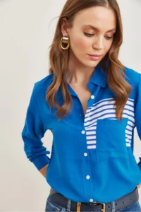 Olalook Women's Saks Blue Pocket Detailed Woven Viscose Shirt - Image 4