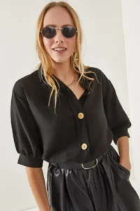 Olalook Women's Black Wooden Button Three Quarter Sleeve Linen Shirt - Image 4
