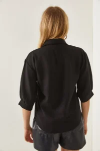 Olalook Women's Black Wooden Button Three Quarter Sleeve Linen Shirt - Image 5