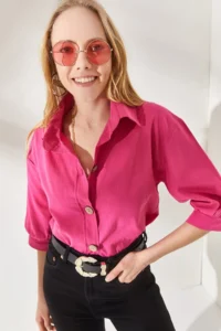 Olalook Women's Flamed Fuchsia Wooden Button Three Quarter Sleeve Linen Shirt