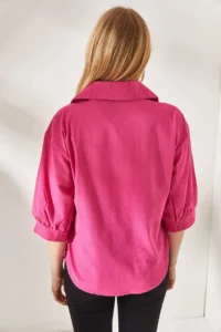Olalook Women's Flamed Fuchsia Wooden Button Three Quarter Sleeve Linen Shirt - Image 5