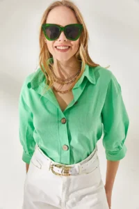 Olalook Women's Flamed Pistachio Green Wooden Buttons Three Quarter Sleeve Linen Shirt - Image 2