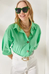 Olalook Women's Flamed Pistachio Green Wooden Buttons Three Quarter Sleeve Linen Shirt - Image 3