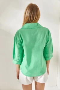 Olalook Women's Flamed Pistachio Green Wooden Buttons Three Quarter Sleeve Linen Shirt - Image 5